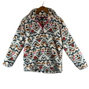 Eddie Bauer Womens Small Faux Fur Pullover Aztec Print Quarter Zip Pink Trim‎
